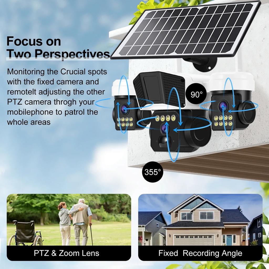 OKAM PRO 15W Outdoor Solar Camera 3-Lens HD 15MP IP66 Waterproof 12000mAh Battery 4G SIM Camera Auto Tracking with Night Vision