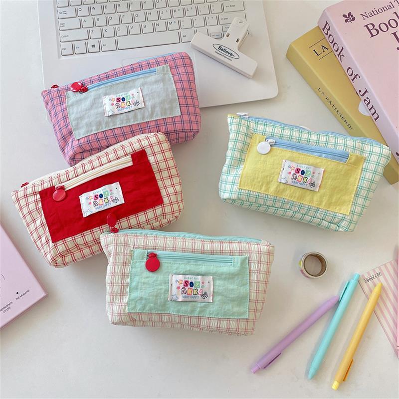Cute Contrast Color Plaid Dopamine Large Capacity Pencil Case Storage Bag Student Stationery Supply Pouch Girl Cosmetic Bag Gift