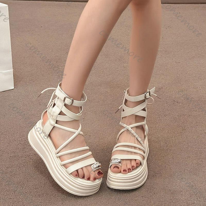 Fashion Comemore New Round Head Set Toe Women's Shoes Thick Soled Roman Sandals Tide Hollow Cold Strap Sports Beach Boots for Women