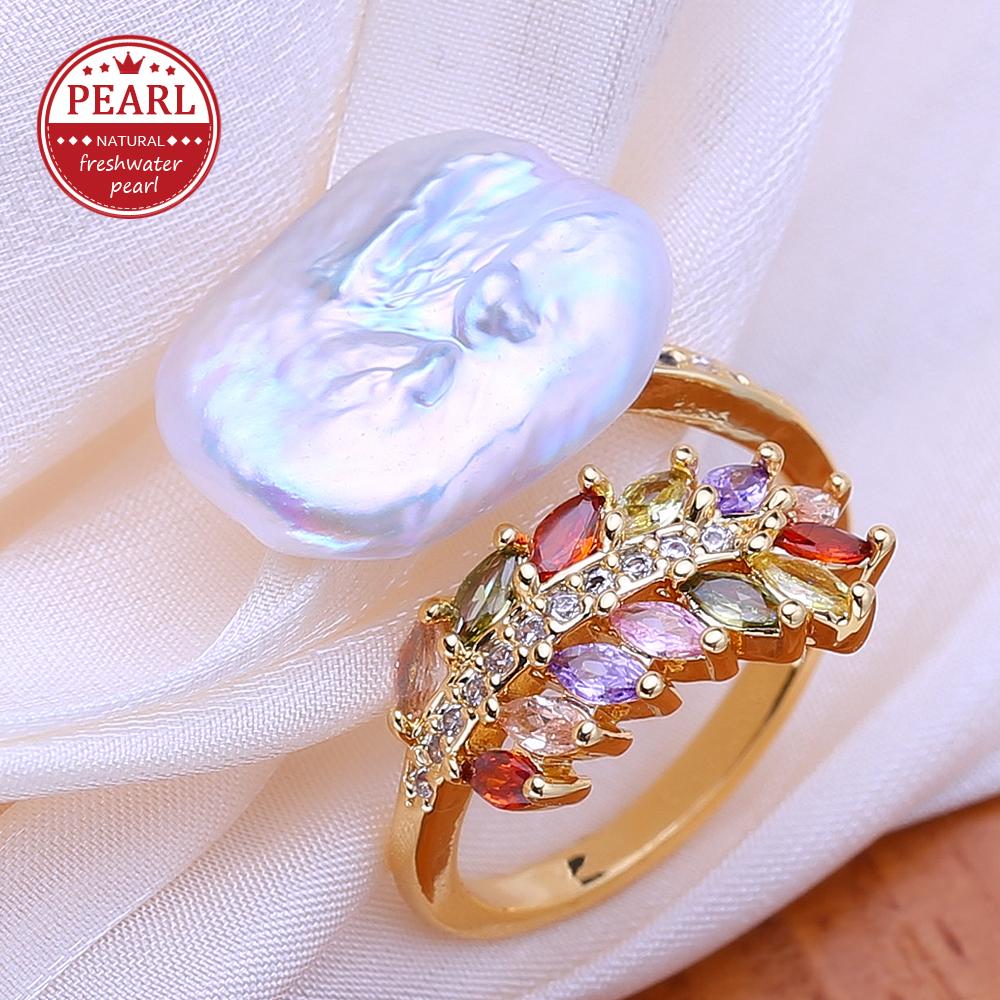 LSOOYH Natural Freshwater Big Baroque Pearl Rings For Women Classic Gold Silver Color Wedding Ring Anniversary Birthday Gifts