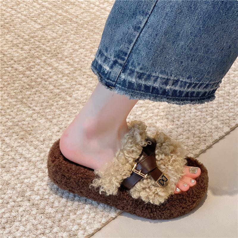 Thick bottom heightening fluffy slippers outer wear 2025 autumn and winter new belt metal buckle home plush one-word cotton drag posture