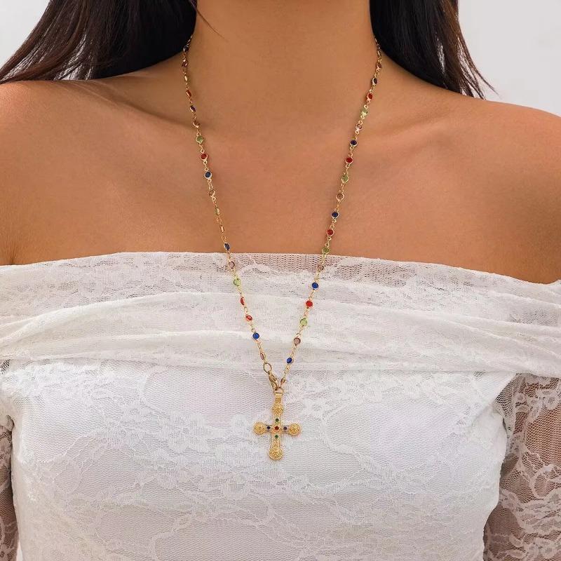 Y2K Fashion Boho Geometric Colored Crystal Chain Necklace For Women Female Vintage Gold Color Metal Cross Pendant Zircon Gift
