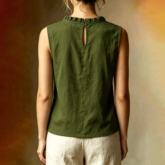 Damen Shirt Locker Geschnitten Ärmellos Rundhals Rüschenbesatz Lässige Oberteile Einfarbige Sommer Tanktops Tägliche Kleidung