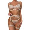 Hot Selling Heavy Industry Complex Metal Chain Sex Underwear Mesh Embroidery Gathering Sexy Four-Piece Set