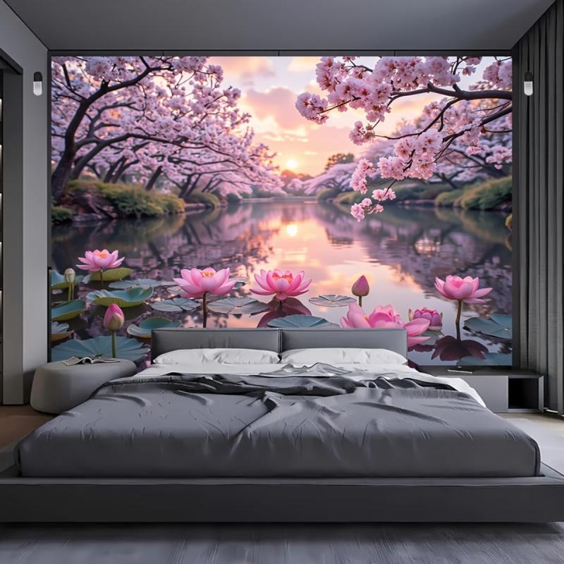 Cherry Blossom Landscape Tapestry Japanese Zen Natural Landscape Polyester Wall Hanging Living Room Bedroom Home Decoration
