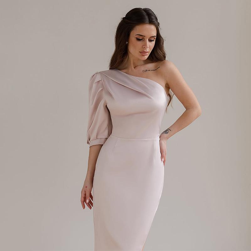 Asymmetrical Neckline Backless Slit Dress - Women's Solid Color Short Sleeve, 2025 Autumn Collection