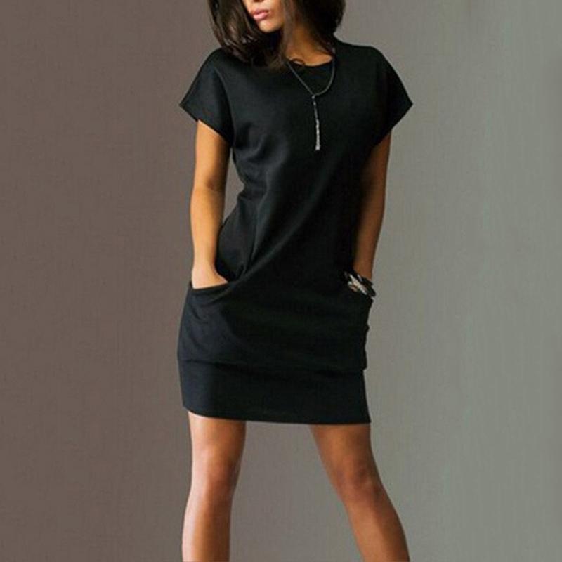 

Женские тонкие летние мини-платья с круглым вырезом с коротким рукавом, вечерние платья, модные однотонные платья 2XL чёрный