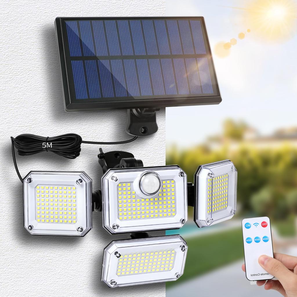 Solar Light for Outdoor Use, IP65 Waterproof, Separate Motion Sensor Light, 4-Light Set, 5M Extension Cord, Automatic OnOff, 2400mAh High Capacity,