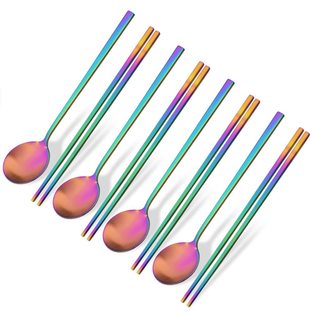 Matná sada příborů z nerezové oceli Sushi tyčinky Večeřové lžíce Sada 8 ks Nádobí Korejské hůlky Dezertní lžíce Sada příborů