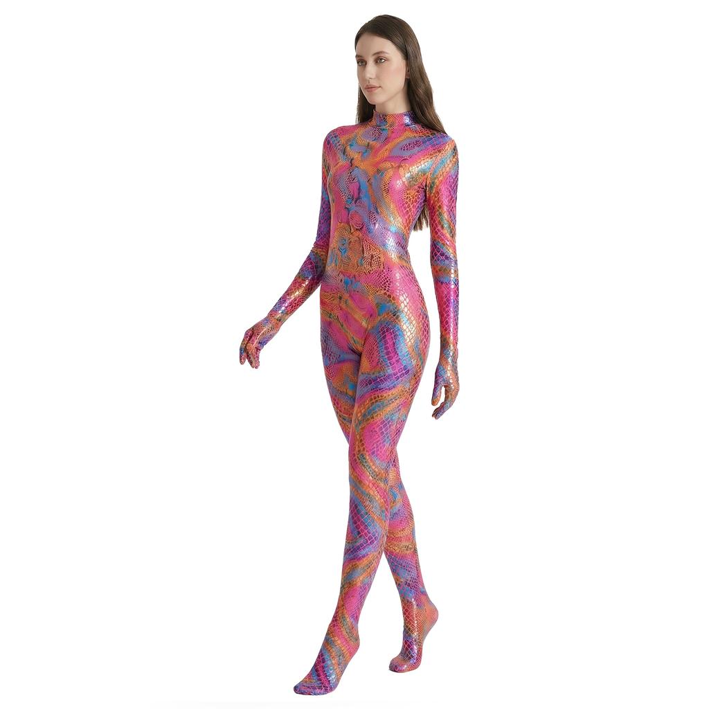 Tuta Integrale Zentai Donna Lucida Metallizzata Leopardata Pelle di Serpente Lycra ad Alta Elasticità Sexy Costume Cosplay Costumi da Bagno Yoga