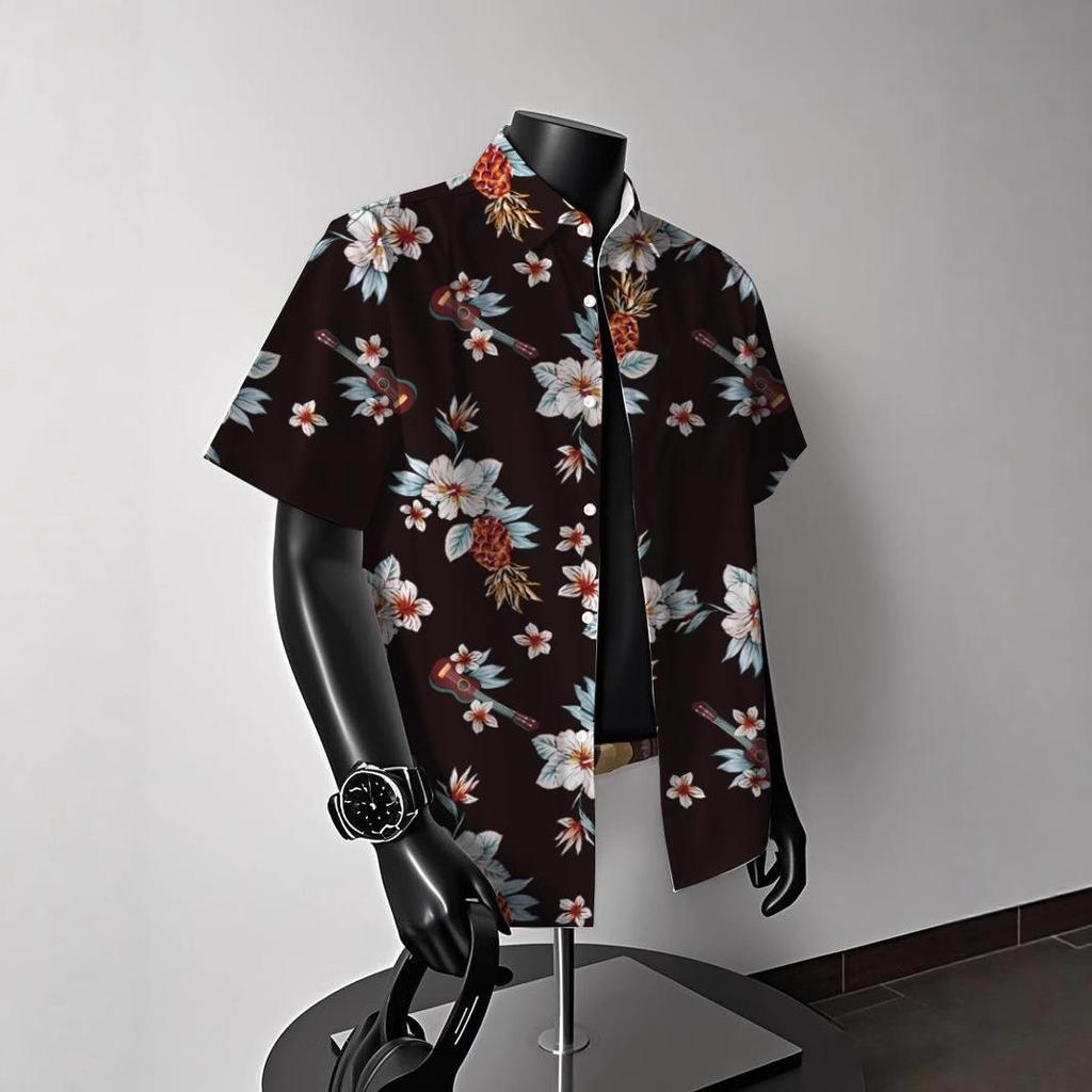 Men's Vintage Hong Kong-Style Hawaiian Floral Short-Sleeve Shirt: Trendy Summer Beachwear for Couples