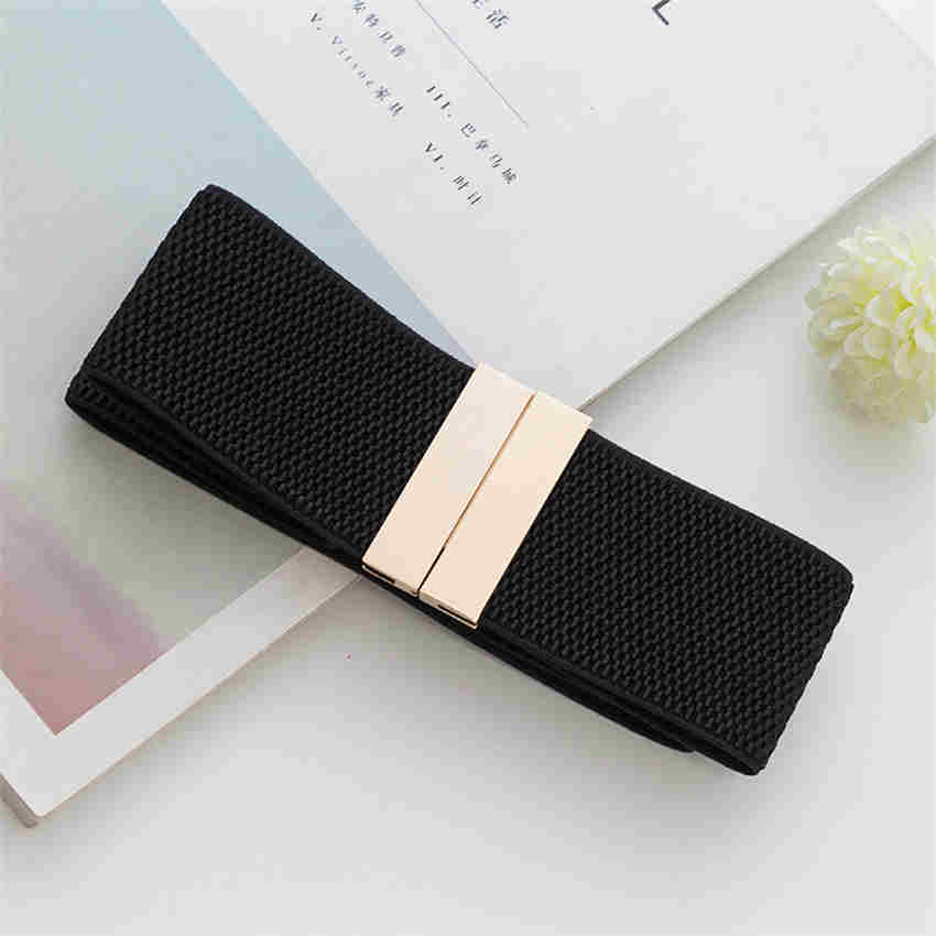 Fashion Females Elastic Wide Belt Women Waistbands Black Strap Gold Buckle Cummerbund