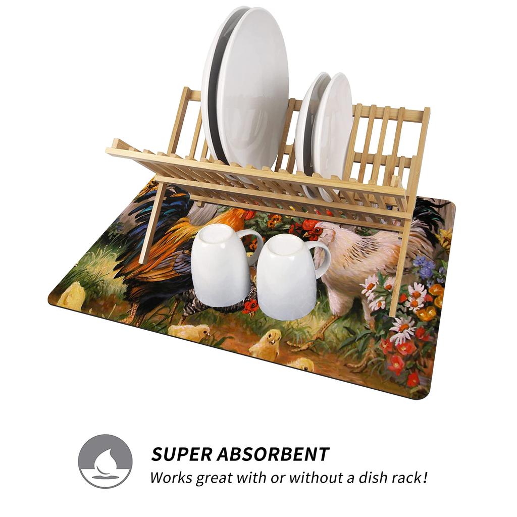 1 pieza Escurridor de platos de gallo, Almohadilla absorbente para encimera de máquina, Estera de drenaje rústica de granja para lavabo, Almohadilla suave absorbente para grifo, Alfombrilla para tazas de lavabo