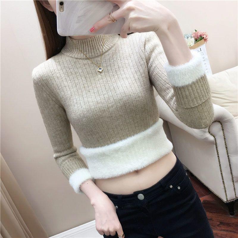 Women's Fleece-Lined Semi-High Neck Knit Sweater - Slim Fit, Solid Color, Perfect for Autumn/Winter.