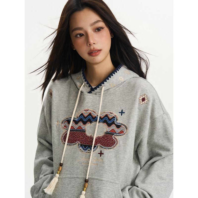 Hacr Ethnic Style Patchwork Embroidered Hoodie, Trendy Loose and Casual Couple's Sweatshirt for Women