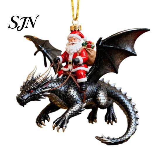 Xmas Tree Hanging Accessory Santa Claus Dragon Rider Christmas Ornament, 2D Acrylic Red Door Window Decor with Flying Decorations for Home Parties