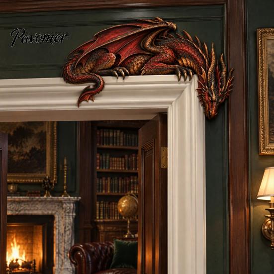 Collectible Dragon Figurine Sleeping Door Topper, Medieval Fantasy Wall Decor for Doorway, Rustic Home Accessories Corner Decor, No Drill