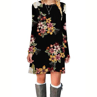 Frühling Herbst Frauen Langarm Runde Kragen Blume Gedruckt Einteiliges Kleid