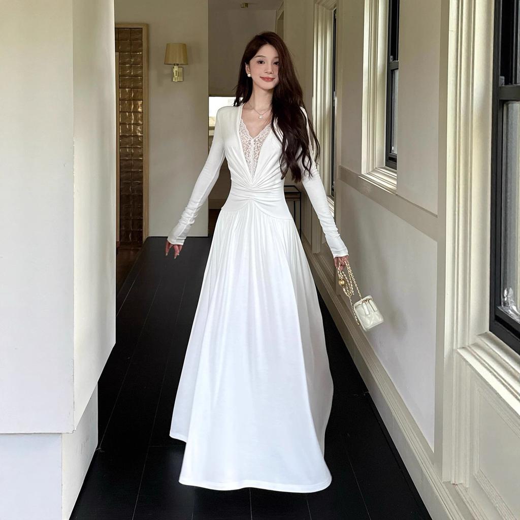 Lace Splicing Pure Desire Wind V-neck Long-sleeved Dress Women's Autumn Slim-fitting Waist Skirt Design Sense Big Swing Dress