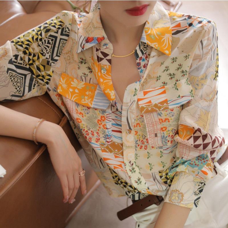 Women S Loose Long Sleeve Printed Turn Down Collar Casual Blouse Shirt
