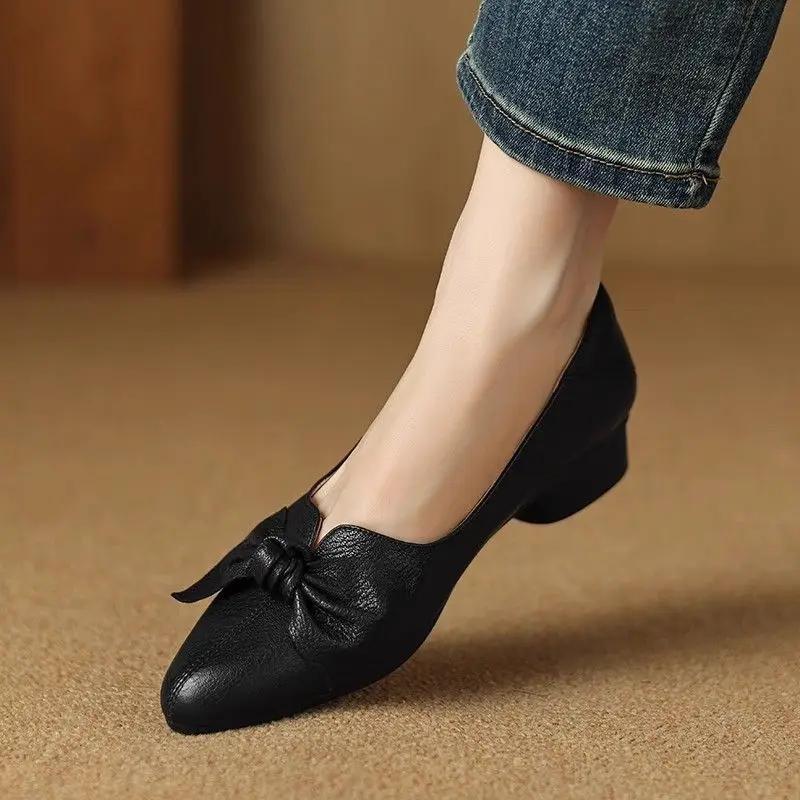 Fashion Moccasins Low Heel Elegant Pointed Toe Ladies Pumps with Bow Chunky Heels Block Women's Shoes Lastest Quick Delivery Footwear 39