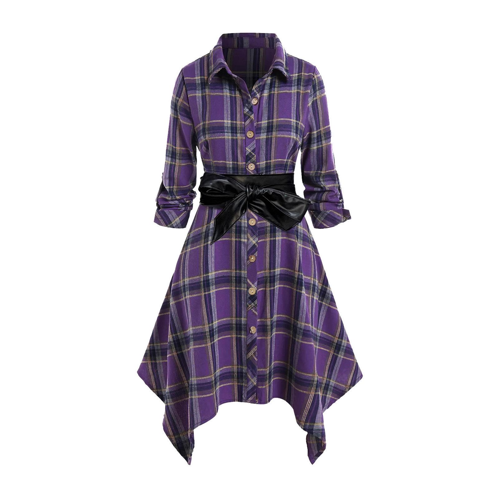 

Модная новая клетчатая рубашка средней длины с длинным рукавом для поездок на работу с поясом и платьем XXL фиолетовый