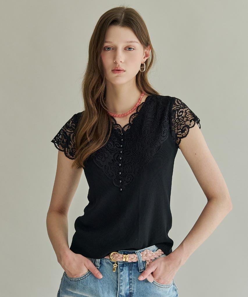 MAXZA Lace Contrast V-Neck Short Sleeve Knit