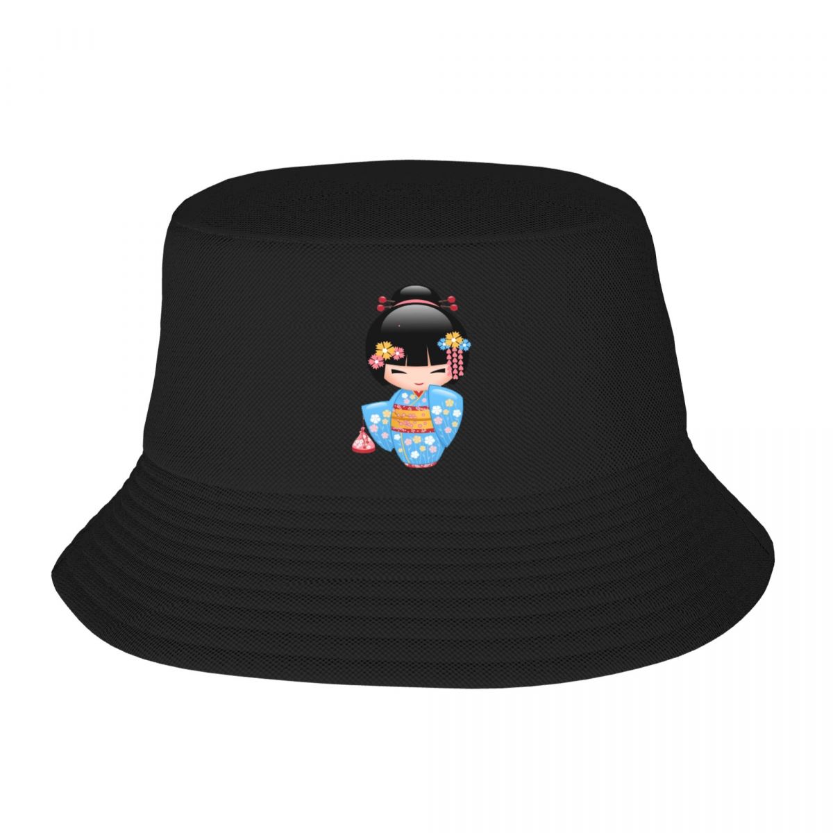 Custom Kawaii Kokeshi Doll Bucket Hat Women  Unisex  Fashion Summer Outdoor Sun Japanese Kimono Geisha Girl FisherUnisex Cap