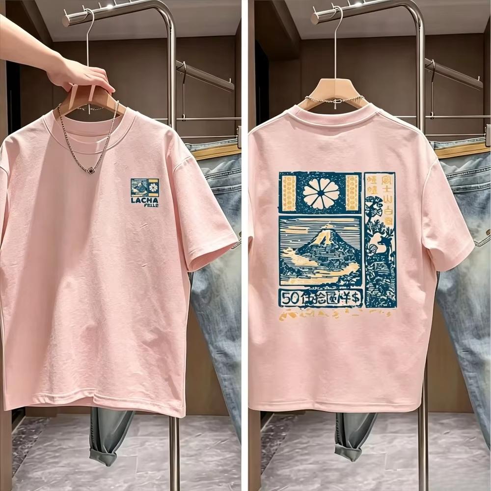 2026 Summer Cherry Blossom Pattern Of Mount Fuji Style Printed Tshirt Cotton Round Neck Casual Fashion Short Sleeve Unisex