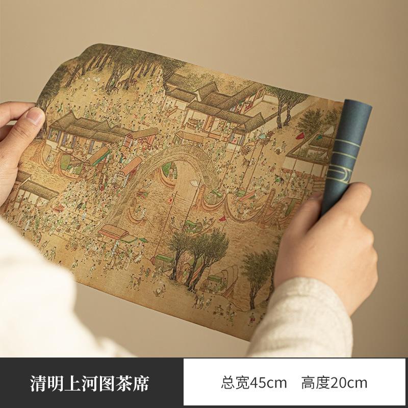 Riverside Scene At Qingming Festival Tea Mat Zen Waterproof Mouse Pad Double-sides Tea Flag Aesthetic Drink Coaster Teaware Gift