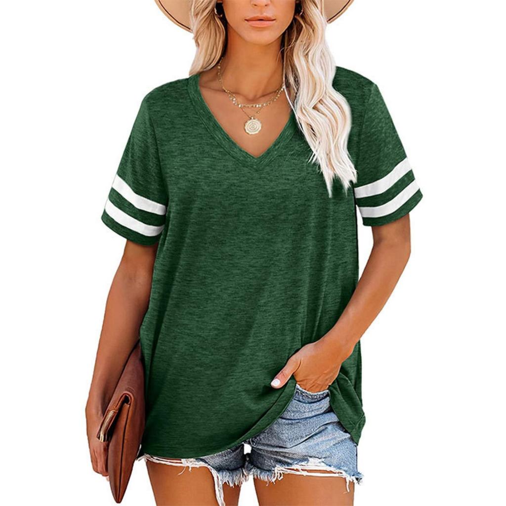 Sommer Neues Damen V-Ausschnitt Gestreiftes Lockeres Kurzarm T-Shirt Lässiges Oberteil für den grenzüberschreitenden Handel
