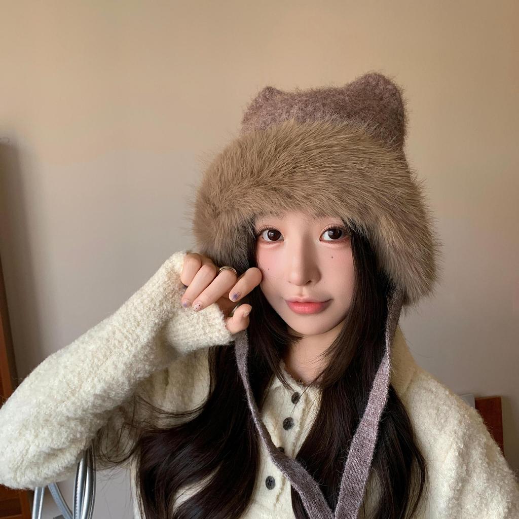 Neue Plüschbärenmütze Damen Herbst und Winter Niedliches Gesicht Freilassend Klein Winddicht Warm Ohrenschutz Vielseitige Pullovermütze