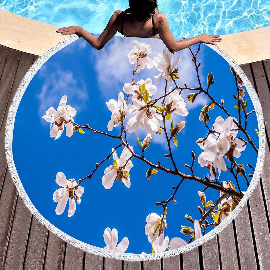 Fragrant Magnolia Flower Round Beach Towel,Soft Polyester Sand Resistant Beach Blanket,Absorbent Quick Dry Pool Towel Picnic Mat