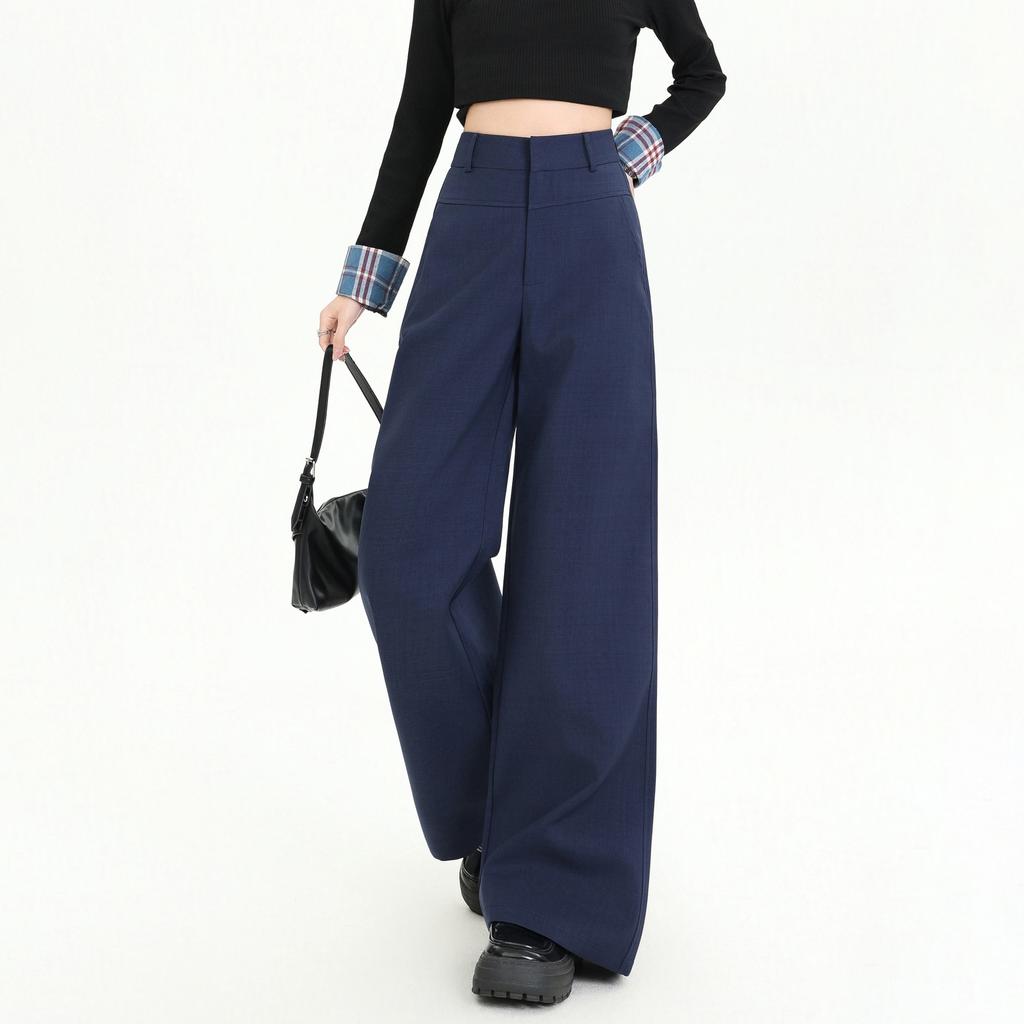 navy blue yuppie old money style retro straight trousers women's high waist thin casual trousers trousers & extended