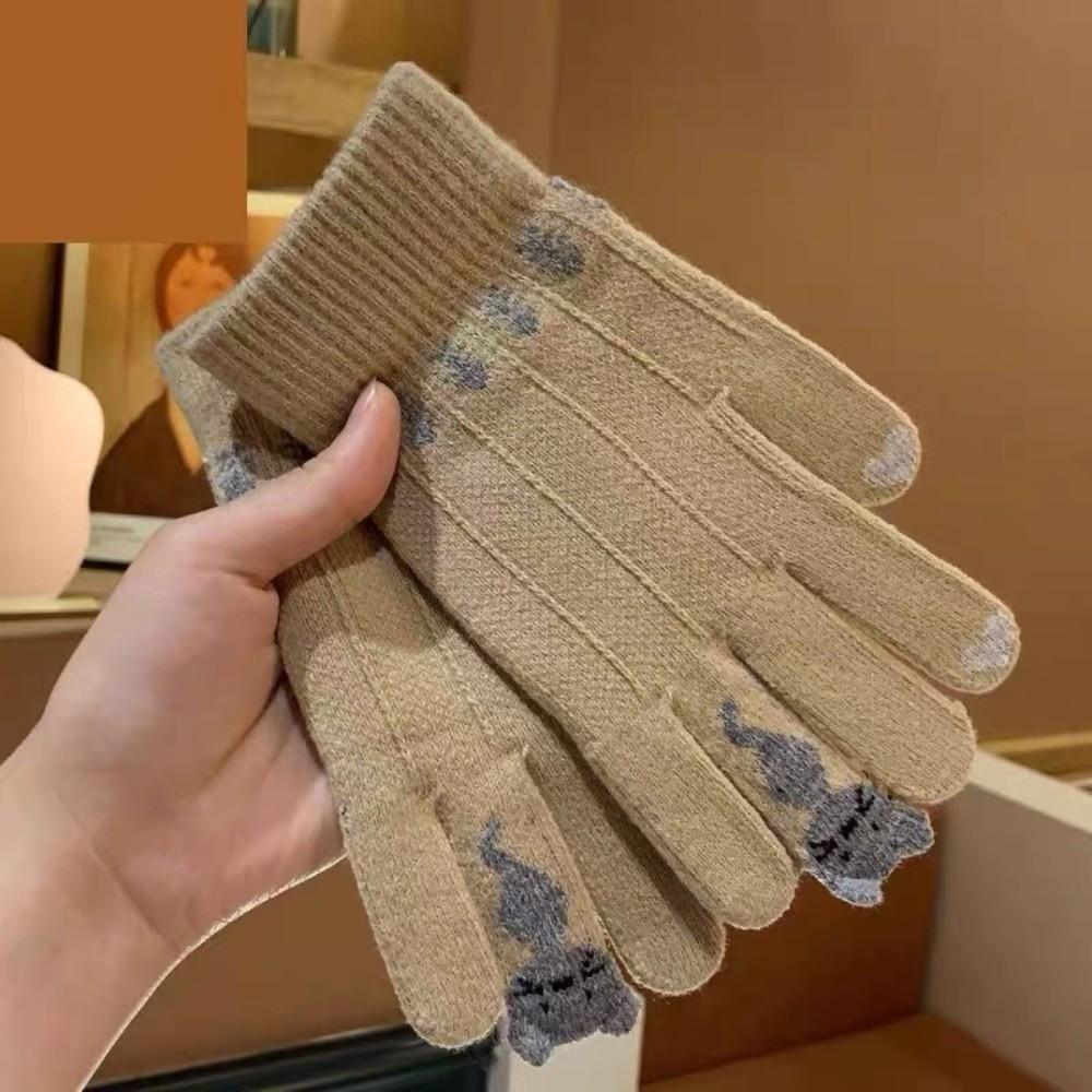 Kitty Pattern Winter Thermal Gloves Stretchy Full Finger Gloves  Outdoor