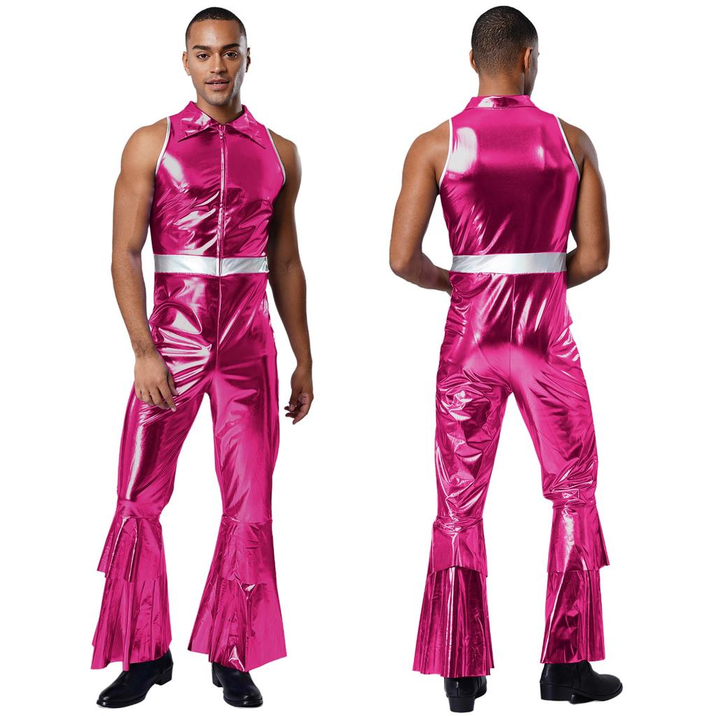 Mens 70s Jumpsuit Shiny Metallic Lapel Collar Sleeveless High Waist Flared Pants Disco Dance Singer Outfit