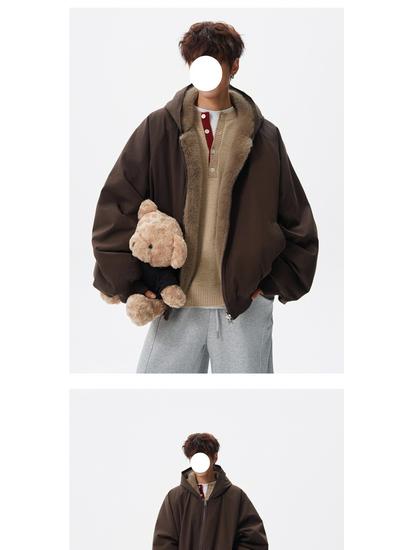 Trendy Reversible Rabbit Fur-Style Cotton Jacket - Men's Winter Retro Cool Hooded Coat, Versatile & Warm for Couples