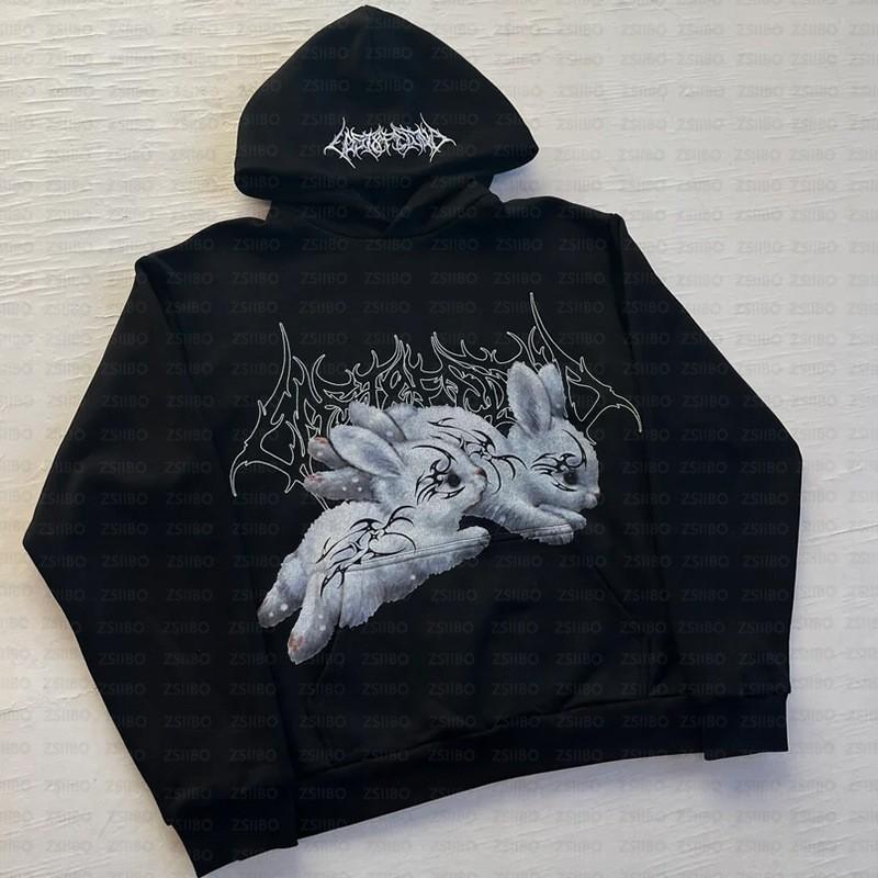 American Cartoon Rabbit Print Gothic Hoodie Trendy Streetwear Pullover Sweatshirt Women