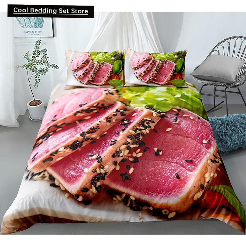 Essen Rindfleisch Bettwäsche Set 3D Frisches Fleisch Bettbezug King/Queen Größe Köstliche Meeresfrüchte Sashimi Hähnchenschenkel Steak Realistischer Bettdeckenbezug