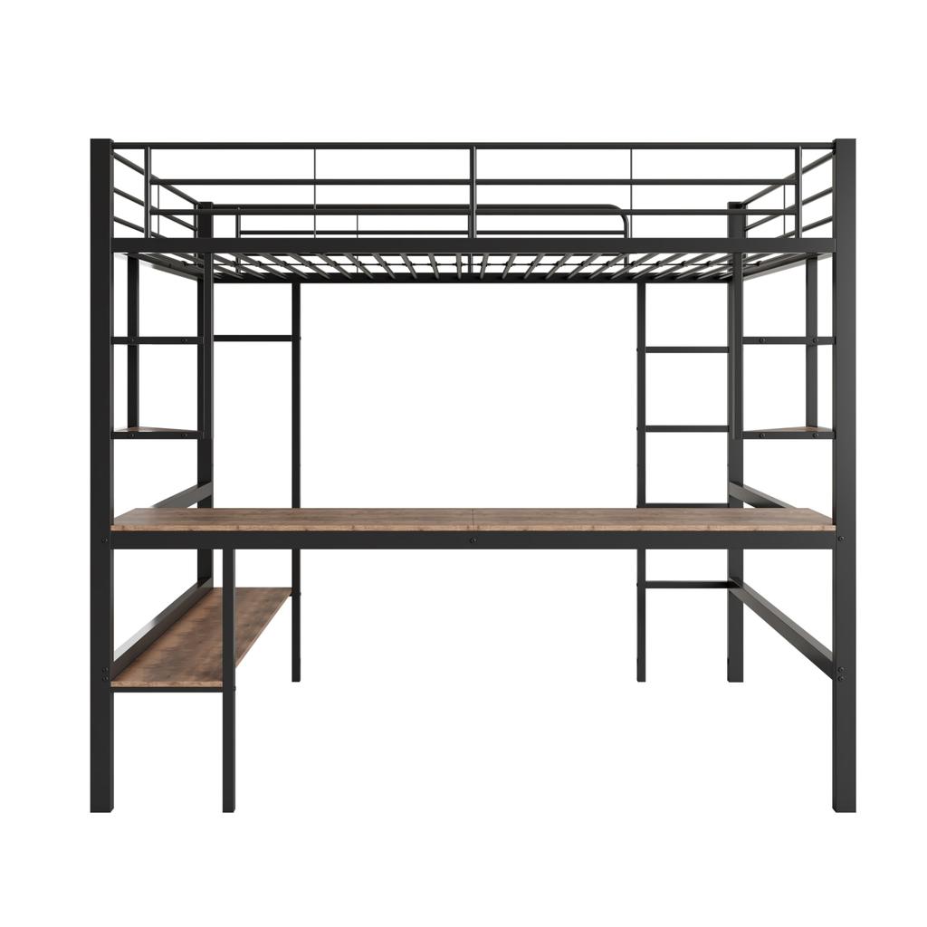 Bunk Bed 90x200 Cm Black, Iron Bed Desk, 4 Small Shelves, Large Bookcase, Safety Ladder, for Children's Room/adults
