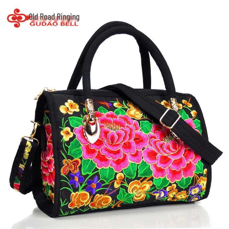 Ethnic Embroidered Drum-Shape Tote & Crossbody Canvas Bag