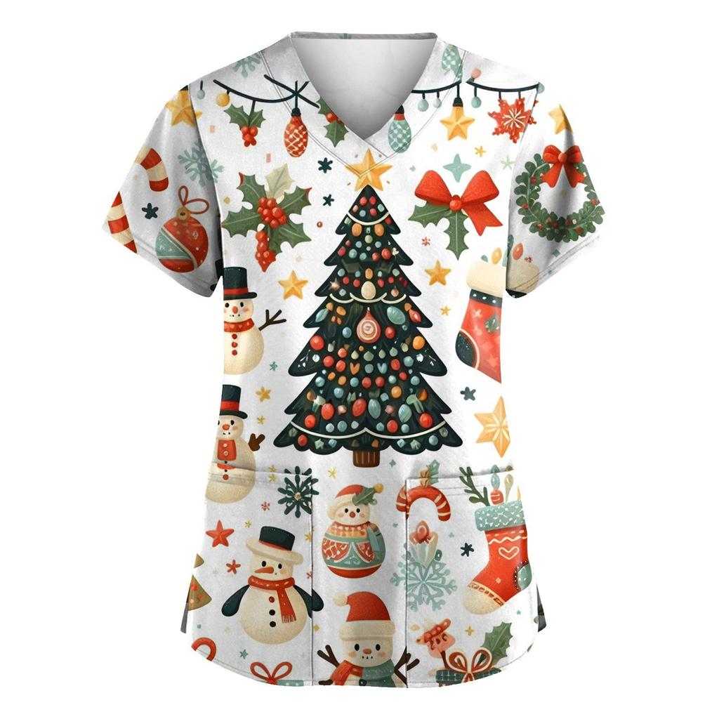 Women's Scrubs Medical Uniform, Festive Snowflake Christmas Tree Print Pattern, High-Quality, Easy To Clean, Quick Drying Clothi