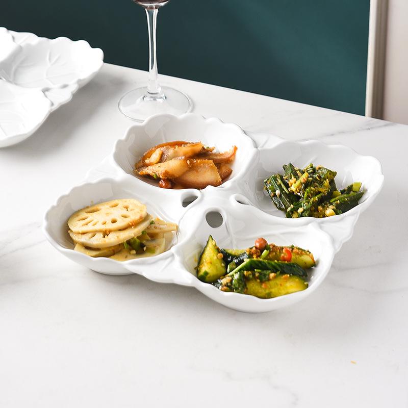 Embossed Leaf Design White Ceramic Divided Plate - Four Sections for Snacks or Cold Dishes