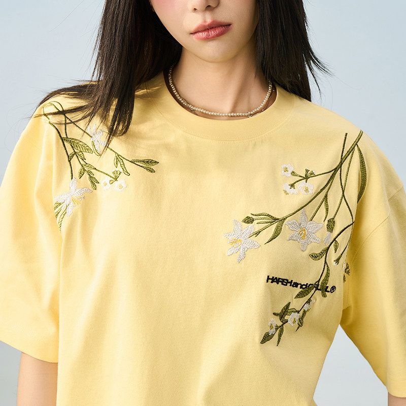 HACR's Harshandcruel Ten Thousand Needles Embroider Plant Series Jardin Monet Easiest for Match Loose Fashion Brand Short Sleeve T-shirt