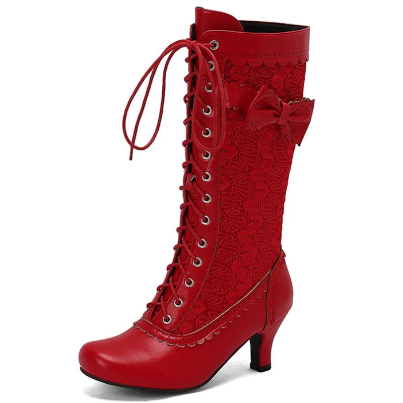 Botas Altas de Moda Otoño Invierno para Mujer Negro Rojo Bota Hasta la Rodilla Femenina Tacón Medio con Cordones Zapatos de Fiesta Señoras Talla Grande