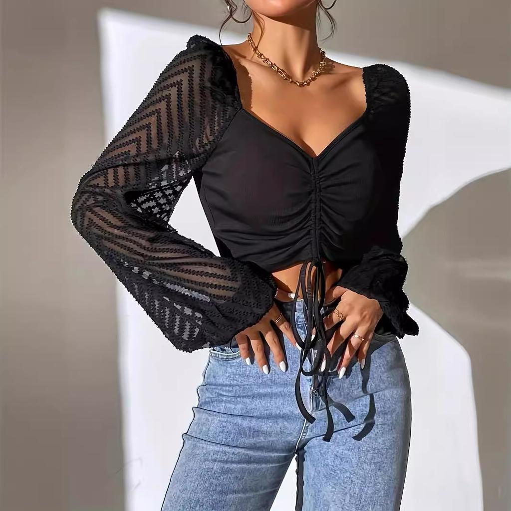 New Xun Sweetheart Neck Chest Strap Lantern Sleeve Exposed Umbilical Top