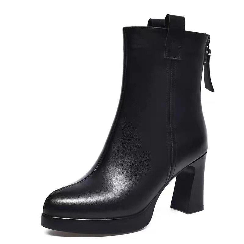 

2025 Women s Waterproof Leather Ankle Boots: Velvet Lined, Chunky High Heels, Height-Boosting, Autumn/Winter Collection Default