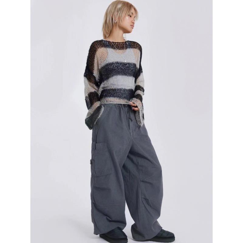 Calças Casual LUXEON Retro Lisas com Cordão Joggers Bolsudas Perna Larga Calças de Moletom Cintura Média Esportivas Y2k Unissex