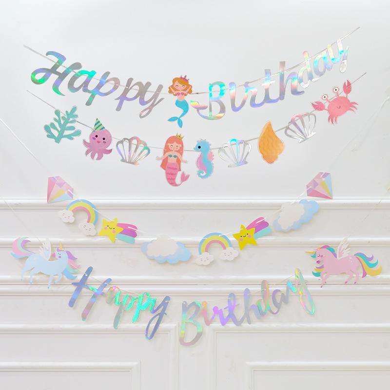 1Set New Unicorn Vibrant Multi-Colored Letter Flag Lovely Mermaid Flag Paper Happy Birthday Children'S Decorative Background Supplies