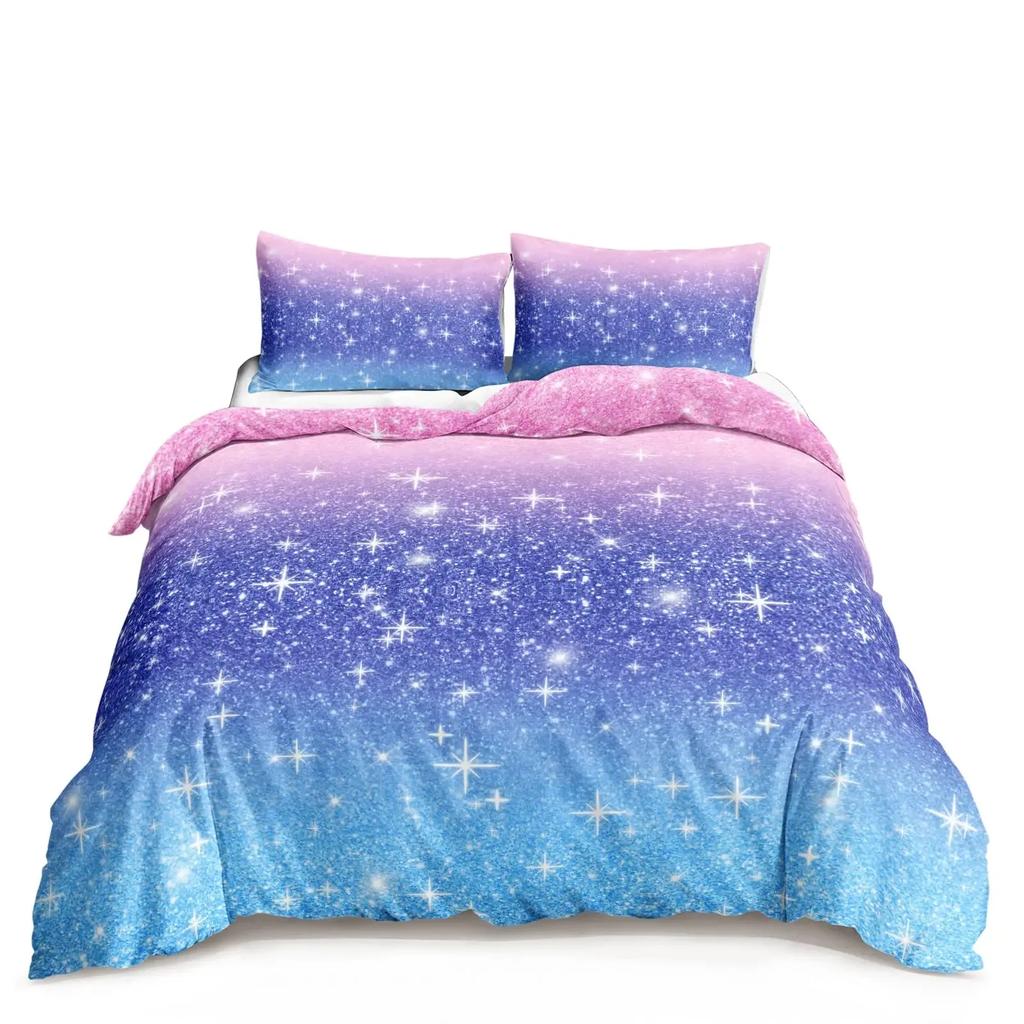 Kawaii Moon Starry Night Sky Duvet Cover Set Blue Pink Purple Star Galaxy Bedding Sets Full Size for Boys Girls Comforter Cover
